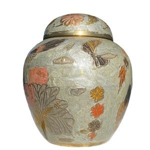 Vintage Solid Brass Butterfly Jar Vase  Enamel Painted Flowers W/ Lid India S4